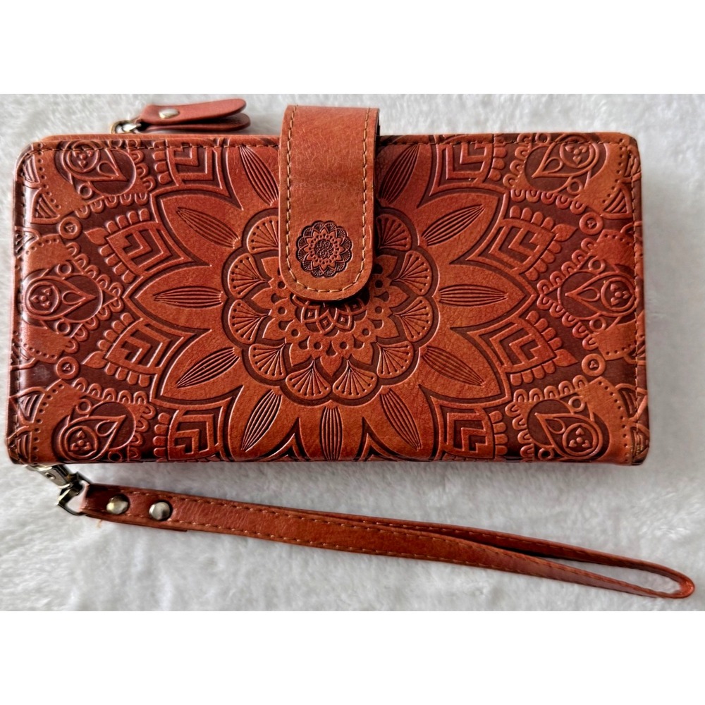 Hand Tooled Brown Leather Floral Wallet‎ Trifold Magnetic Closure - Picture 2 of 10